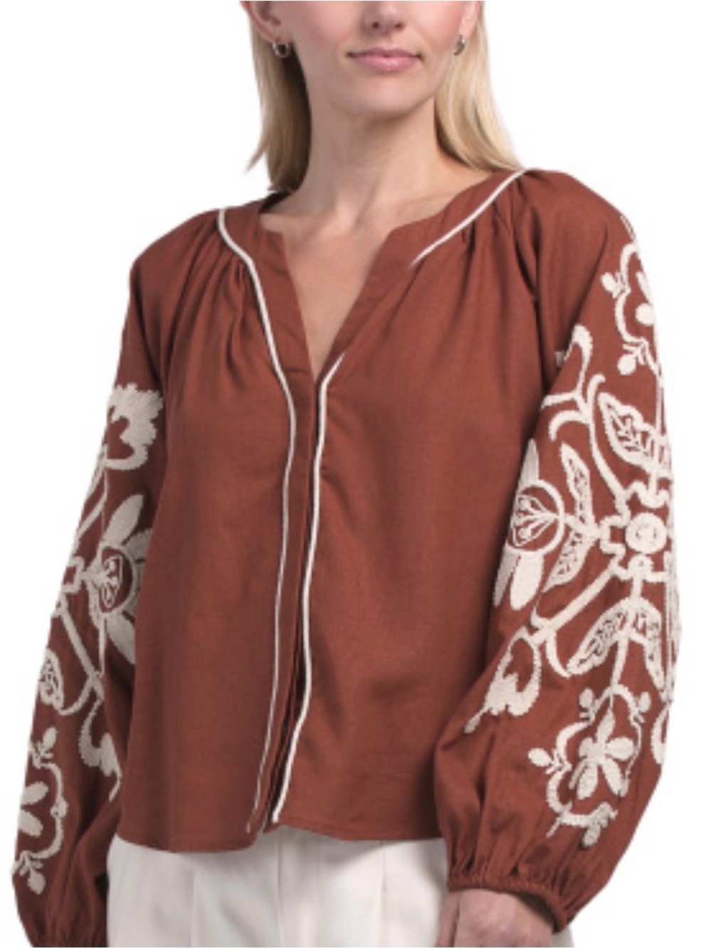 NET Magaschoni Rust Peasant Blouse with Ivory Embroidery